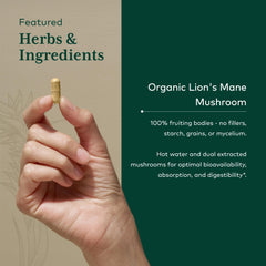 Label close-up of Gaia Herbs PRO Lion's Mane capsules.
