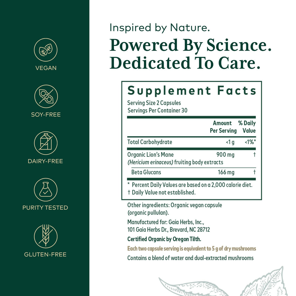 Close-up of Gaia Herbs PRO Lion's Mane capsules highlighting potency.
