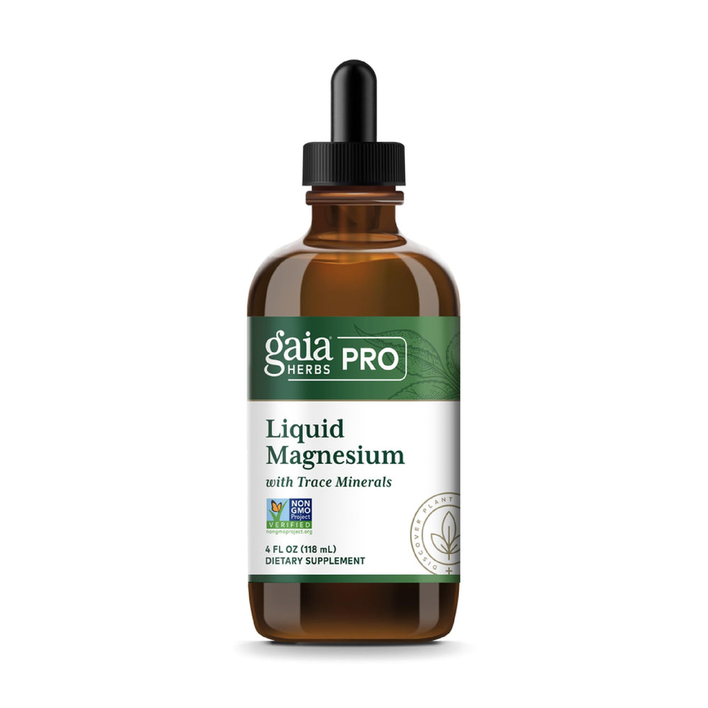 Gaia Herbs PRO liquid magnesium bottle highlighting potency for daily energy support.