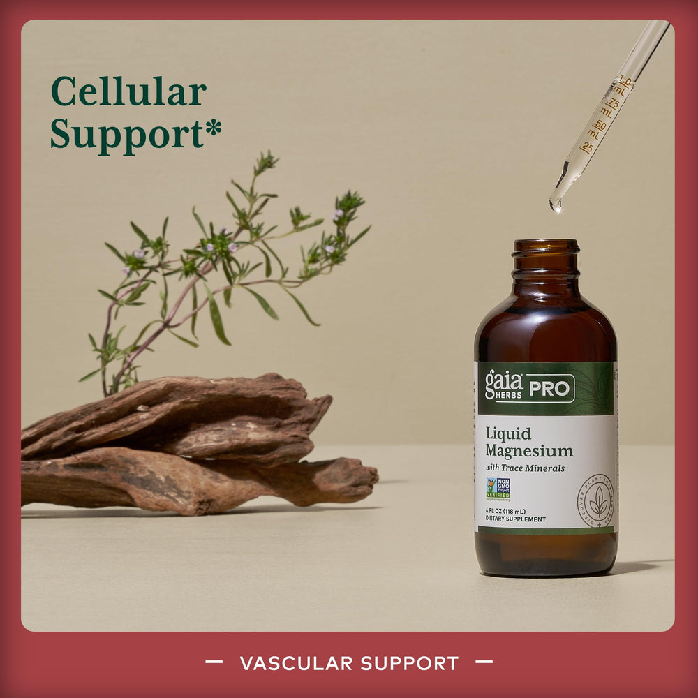 Gaia Herbs PRO liquid magnesium label emphasizes trace minerals and clean formulation.