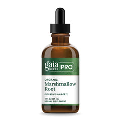 GAIA HERBS PRO Marshmallow Root bottle label shows organic ingredients for digestive support.