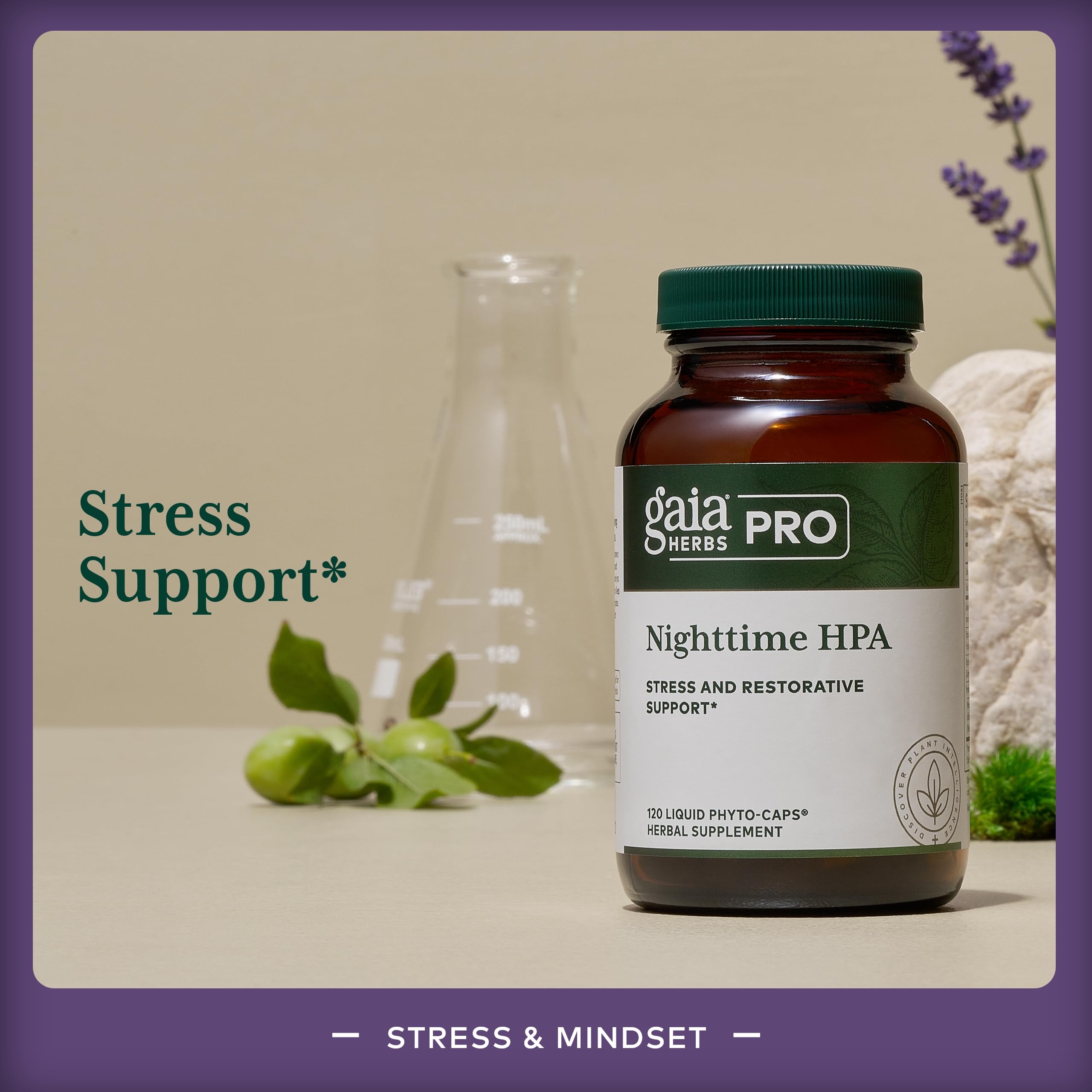 Gaia Herbs Pro Nighttime HPA ashwagandha root close-up highlighting relaxation benefits.