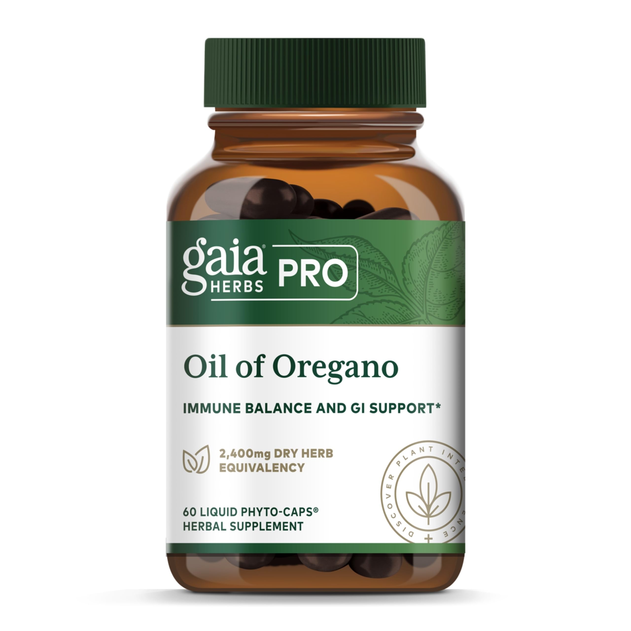 GAIA Herbs PRO Oil of Oregano bottle label with carvacrol and thymol highlighted for antioxidant support