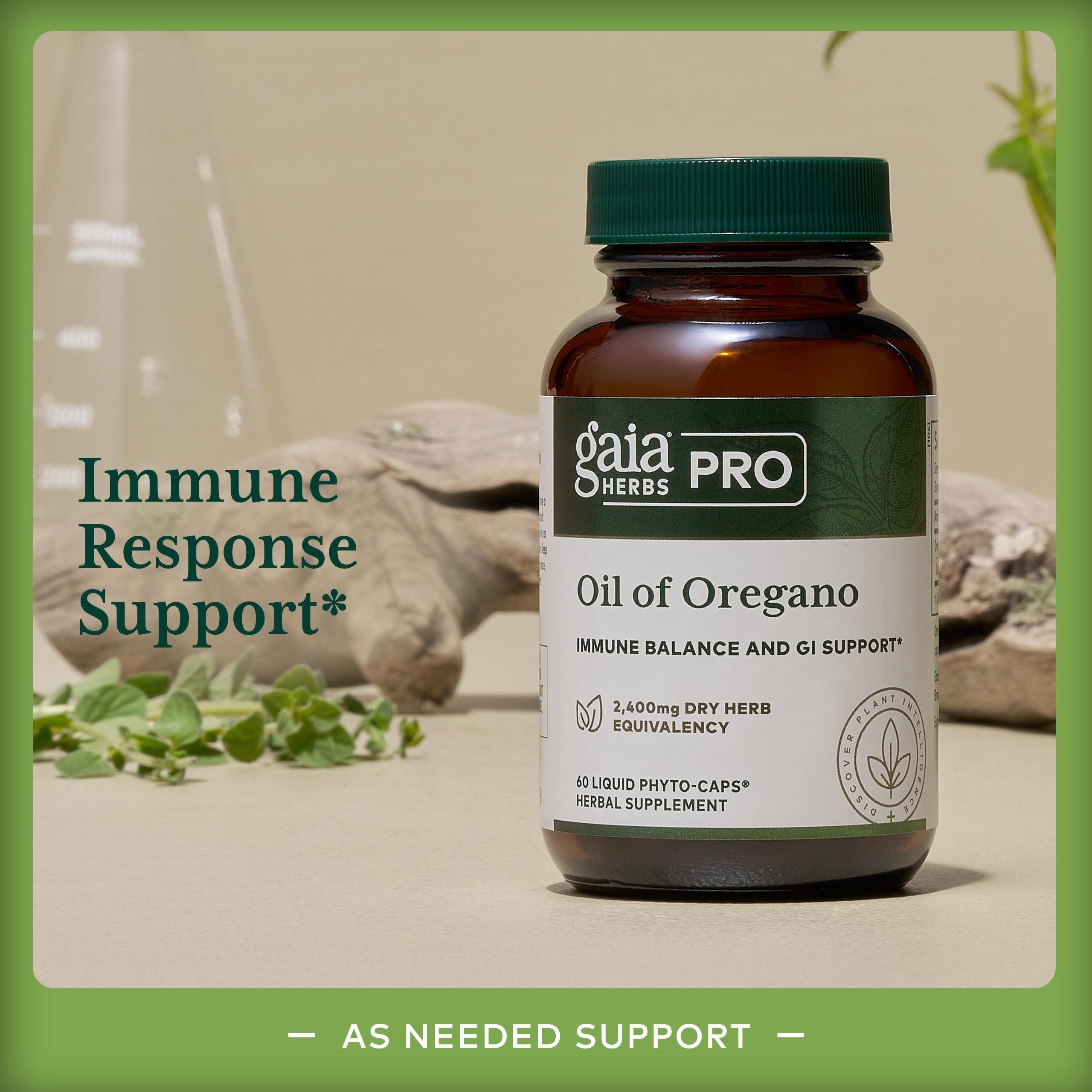 GAIA Herbs PRO Oil of Oregano bottle on a wellness backdrop emphasizing gut health benefits