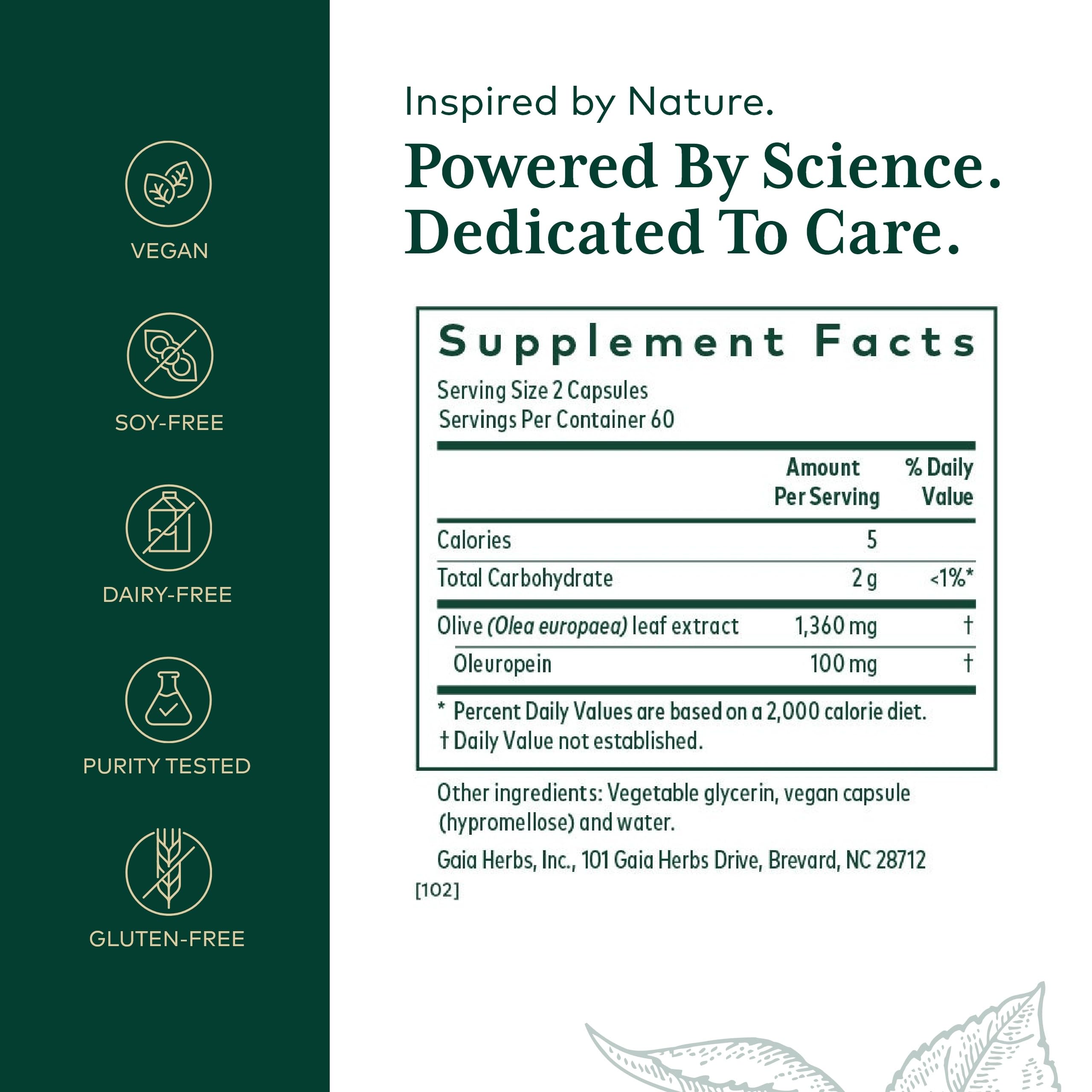 Gaia Herbs PRO Olive Leaf 1360 bottle label close-up highlights oleuropein.