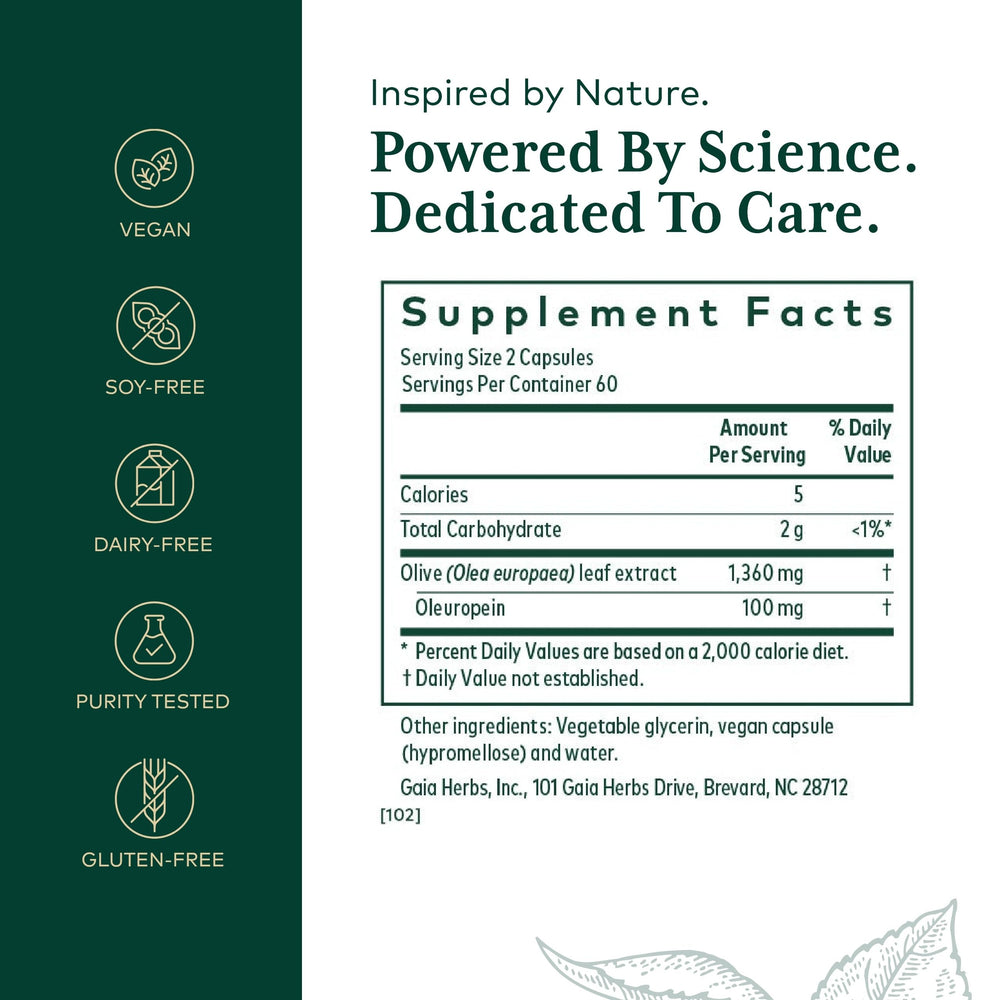 Gaia Herbs PRO Olive Leaf 1360 bottle label close-up highlights oleuropein.