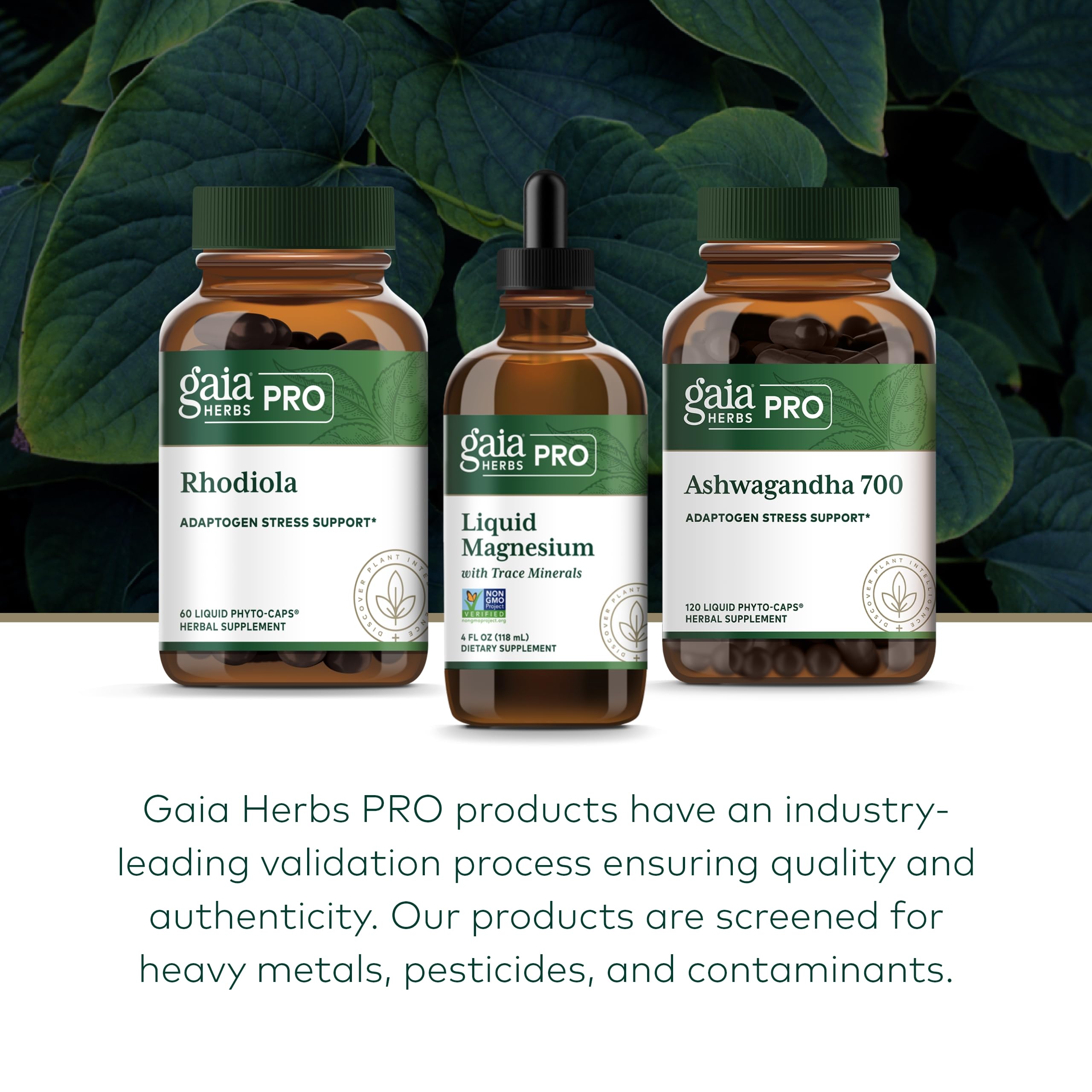 Gaia Herbs PRO quality lab testing seal signals rigorous batch integrity.