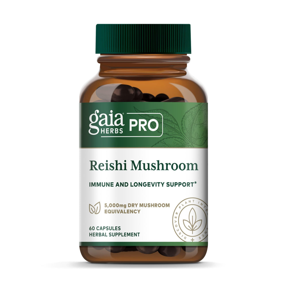 GAIA HERBS PRO Reishi bottle with vegan capsules for immune support.
