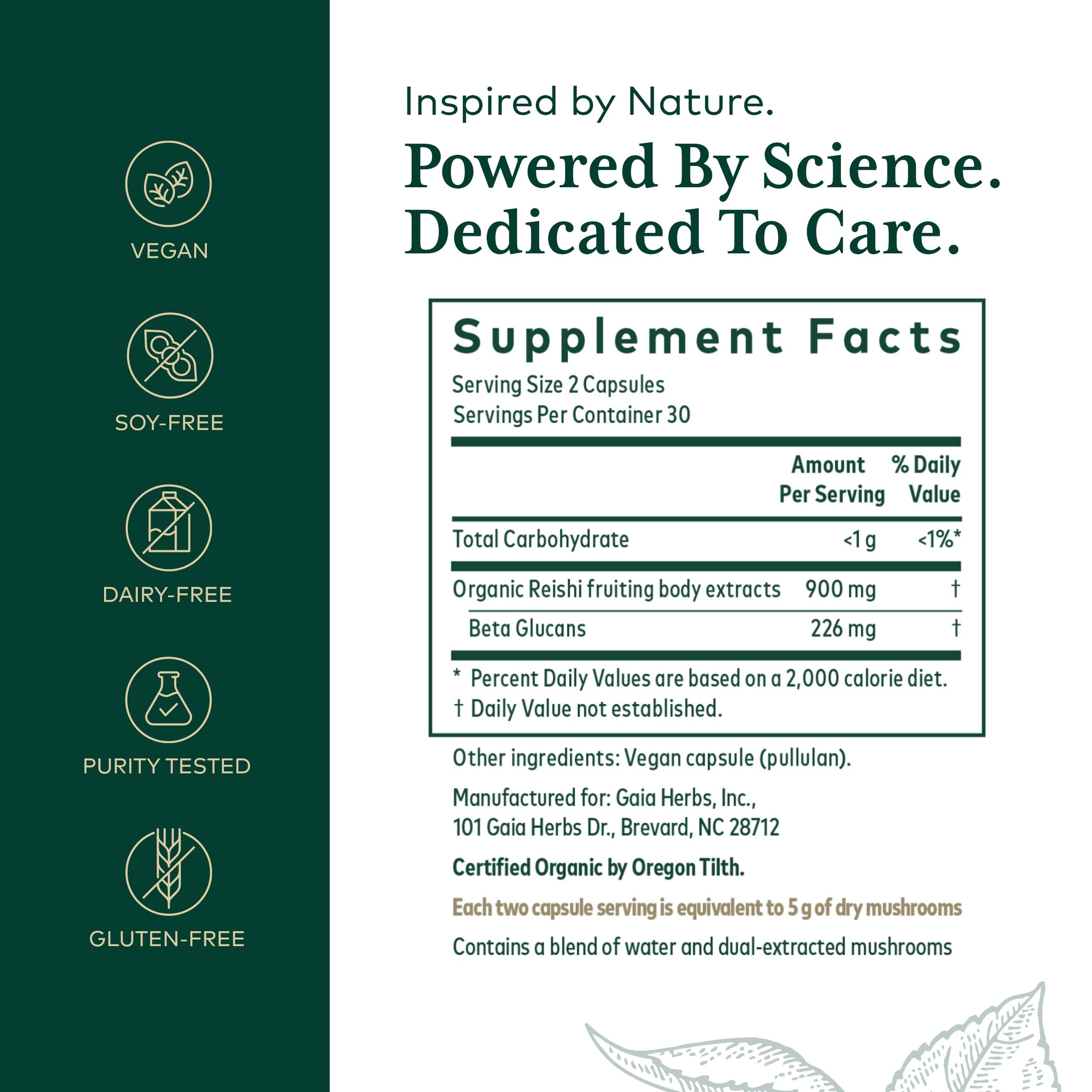 Close-up of GAIA HERBS PRO Reishi capsules highlighting organic ingredients.