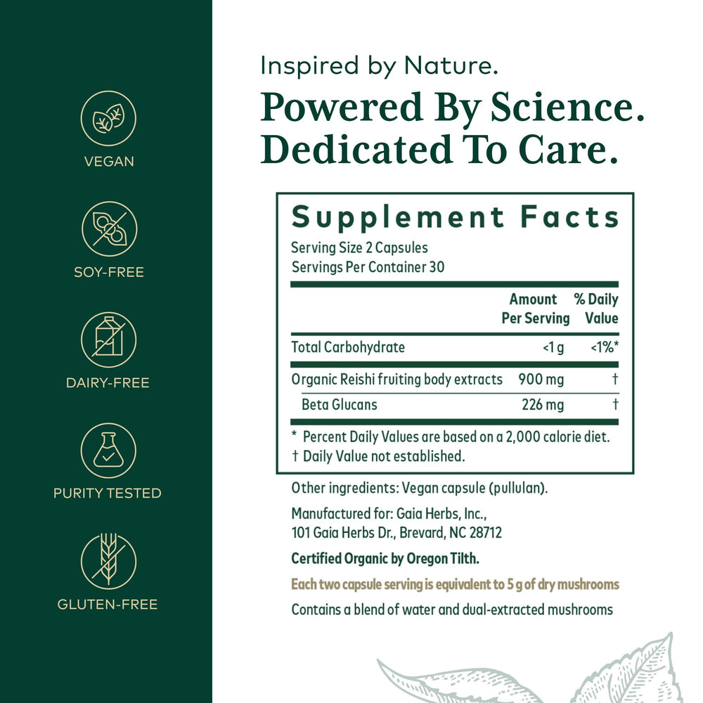Close-up of GAIA HERBS PRO Reishi capsules highlighting organic ingredients.