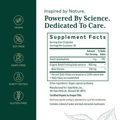 Close-up of GAIA HERBS PRO Reishi capsules highlighting organic ingredients.