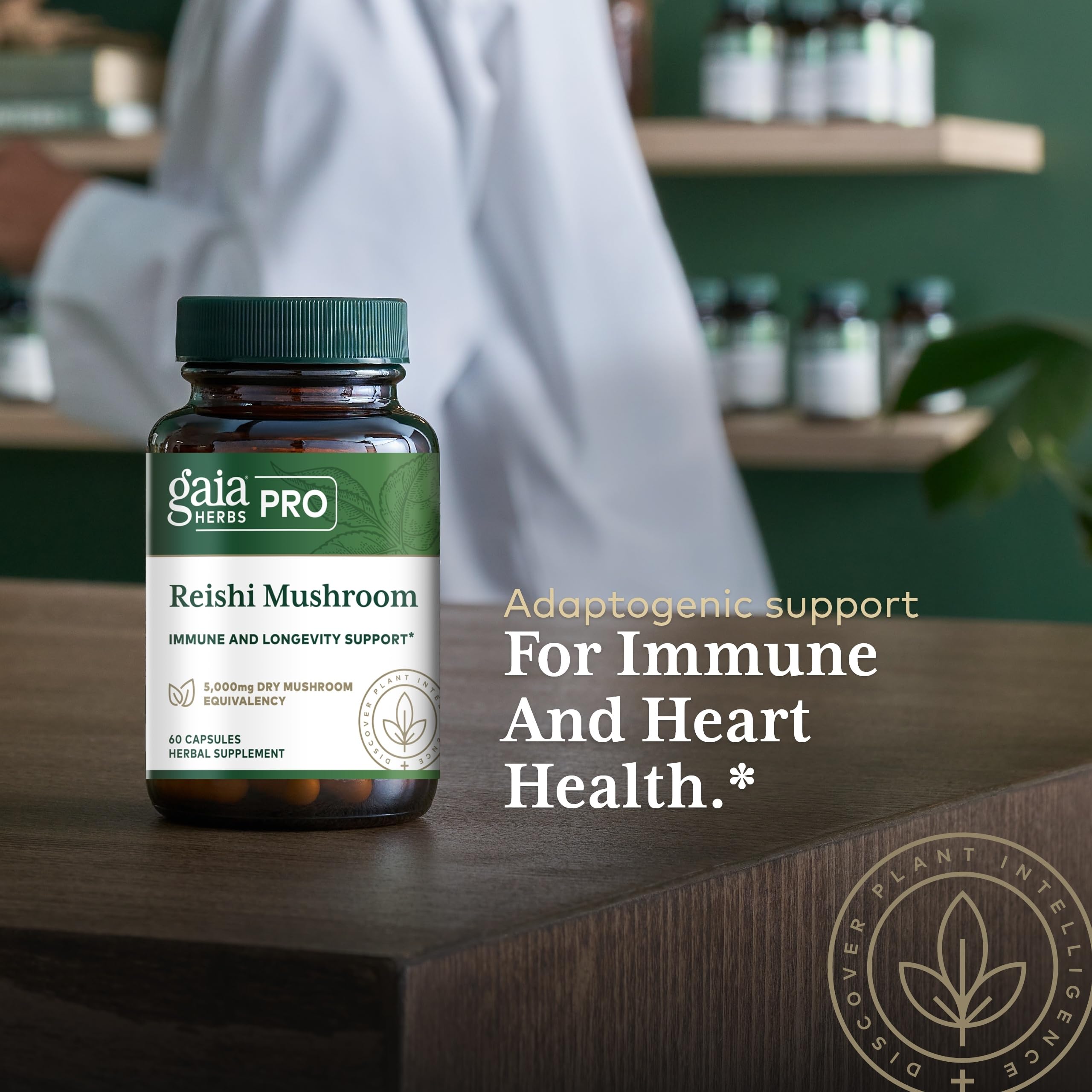Ingredient panel for GAIA HERBS PRO Reishi mushrooms sourced sustainably.