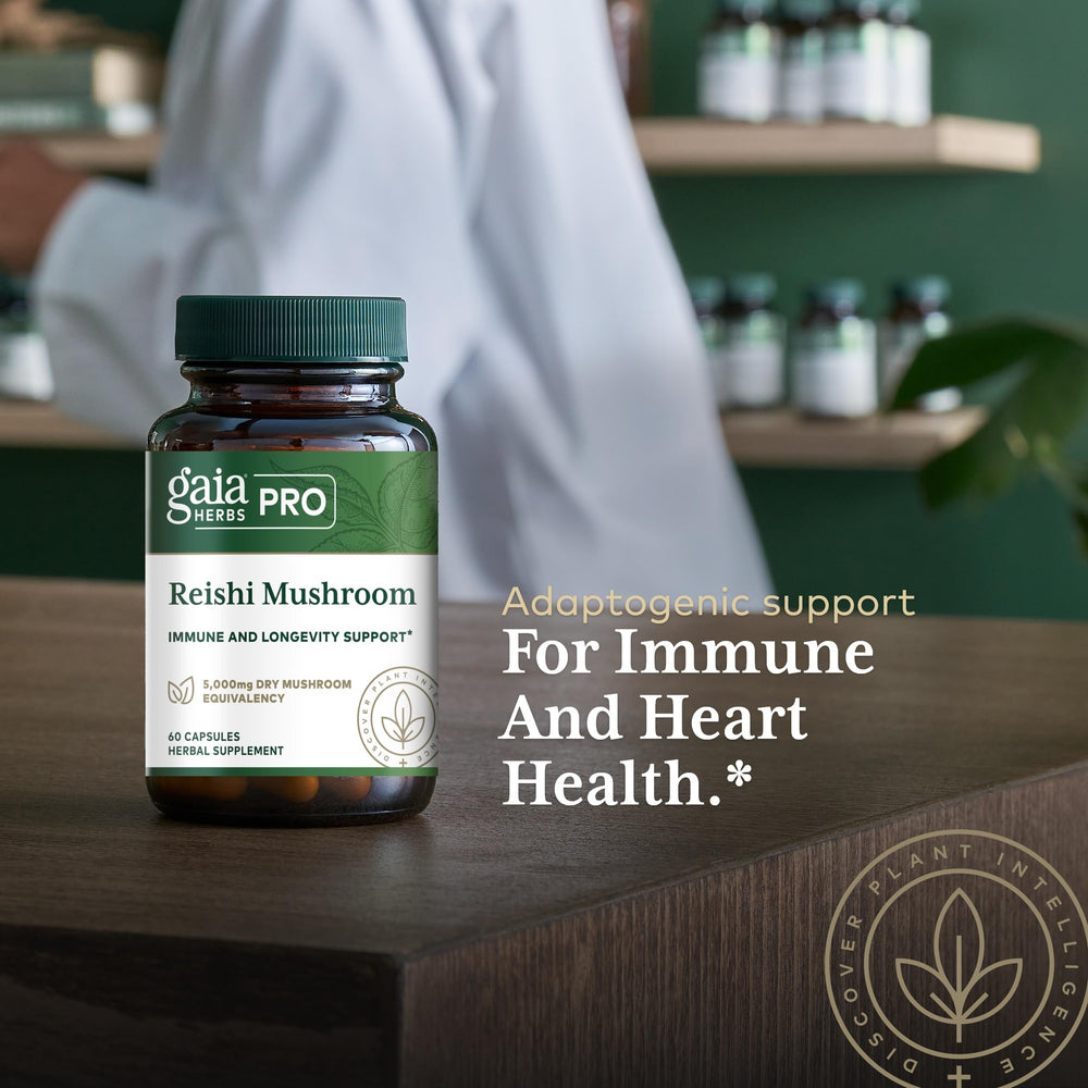 Ingredient panel for GAIA HERBS PRO Reishi mushrooms sourced sustainably.