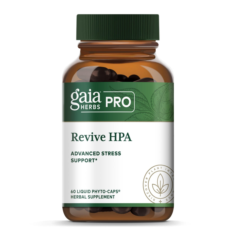 Gaia Herbs PRO Revive HPA bottle label highlighting adrenal health support and potency