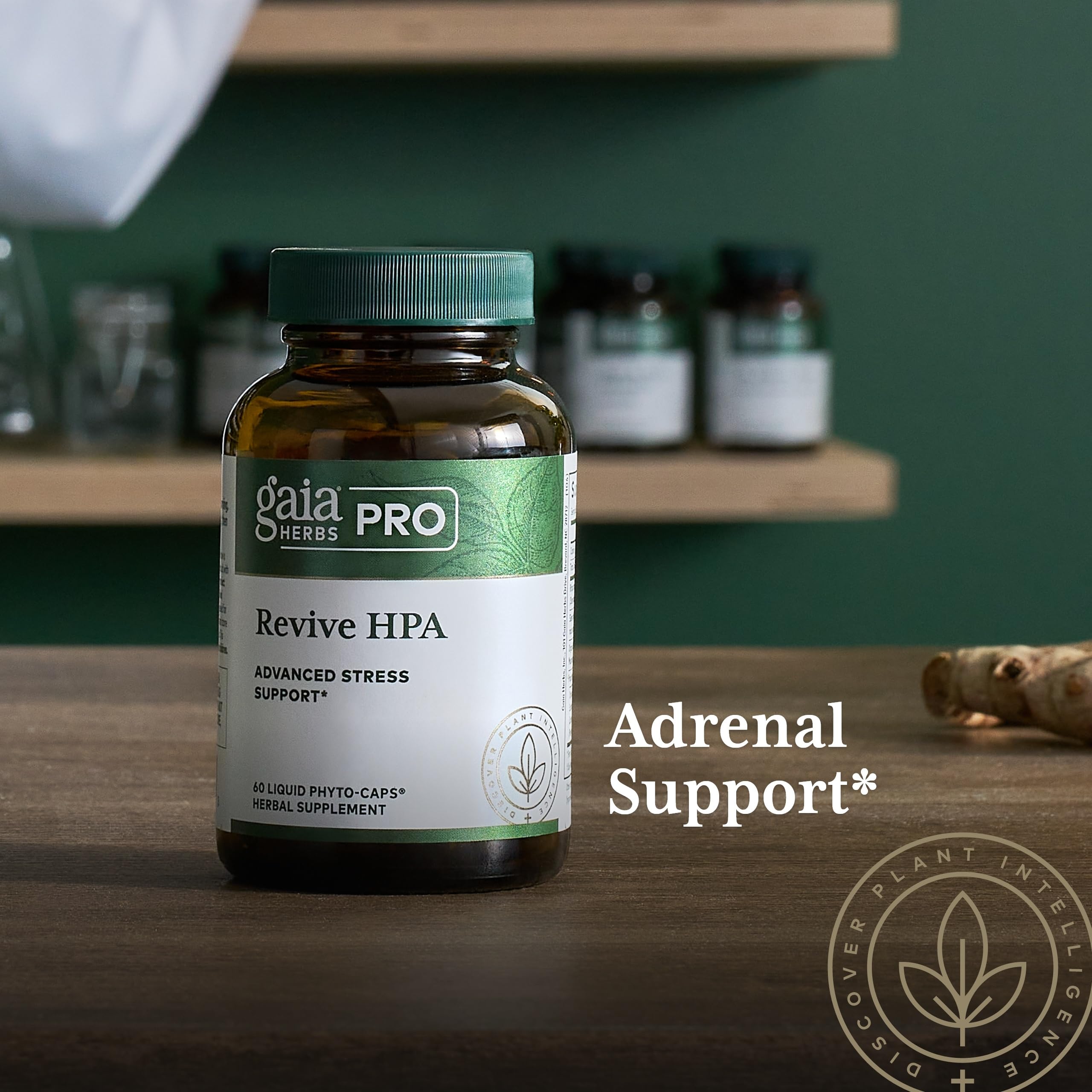 Gaia Herbs PRO Revive HPA bottle resting on a bright kitchen shelf