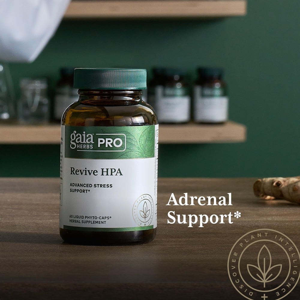 Gaia Herbs PRO Revive HPA bottle resting on a bright kitchen shelf