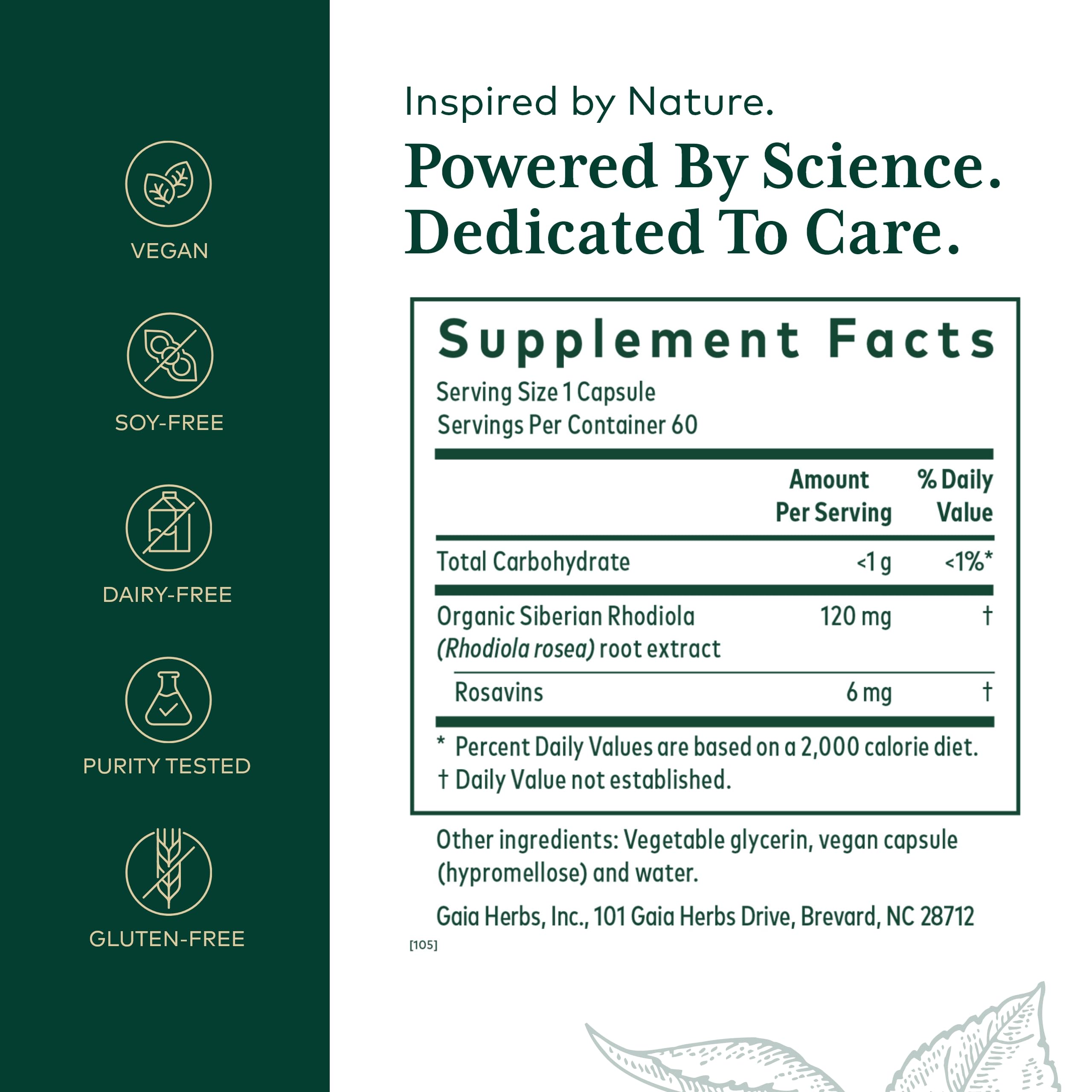 Gaia Herbs PRO Rhodiola caps close-up, vegan and soy-free energy support.