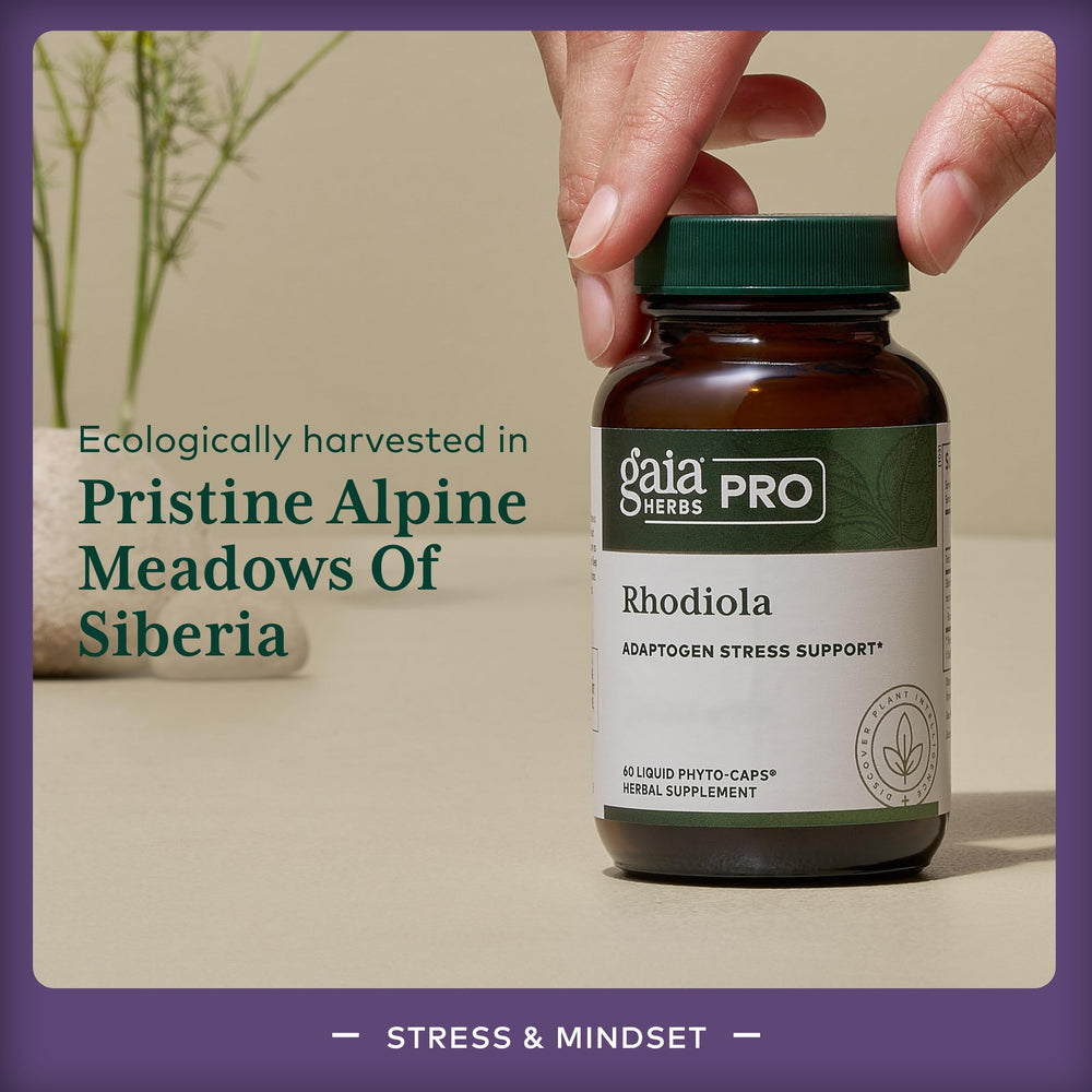 Gaia Herbs PRO Rhodiola root extract label highlights rosavins for potency.