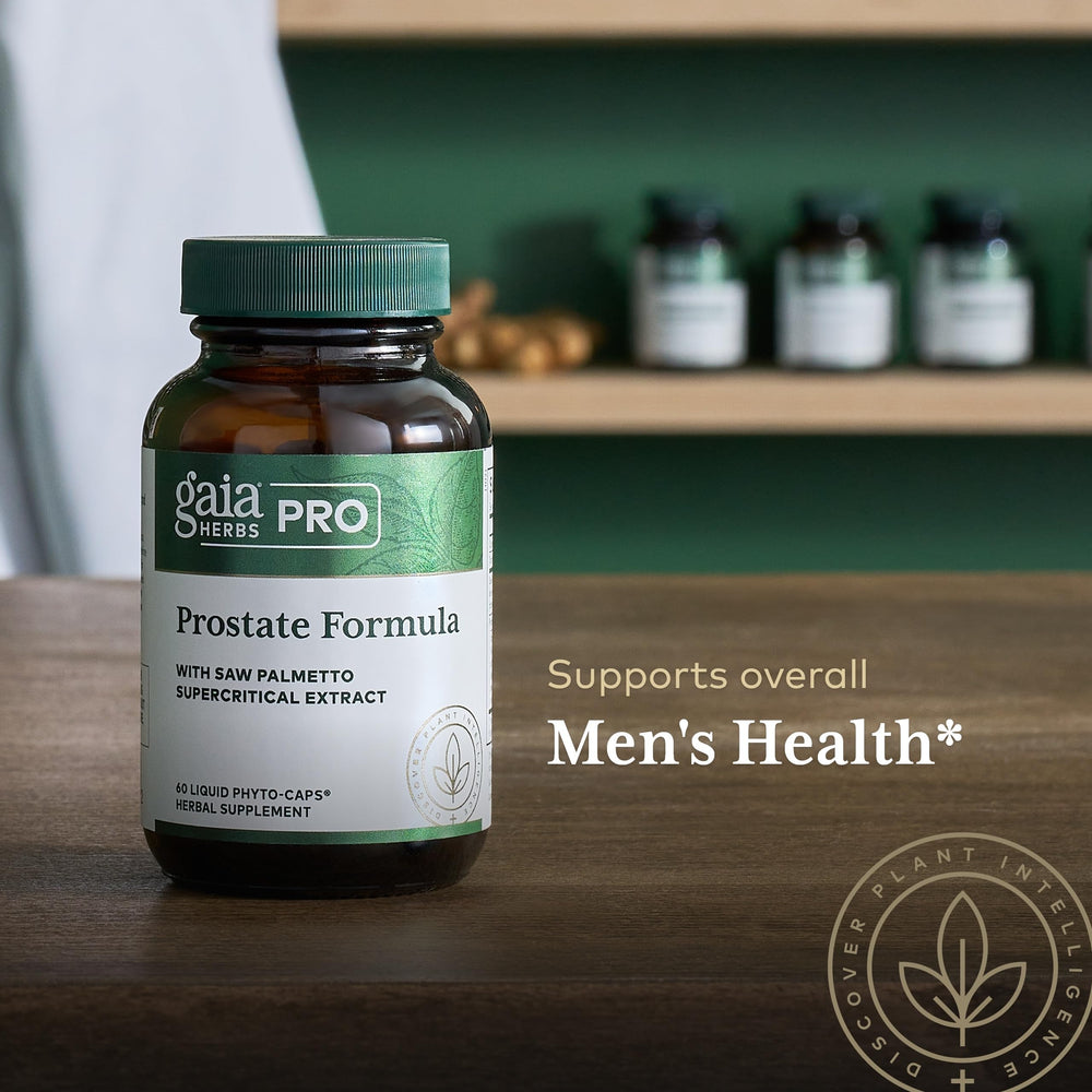 Gaia Herbs PRO Prostate Formula saw palmetto root close-up highlighting premium botanicals.
