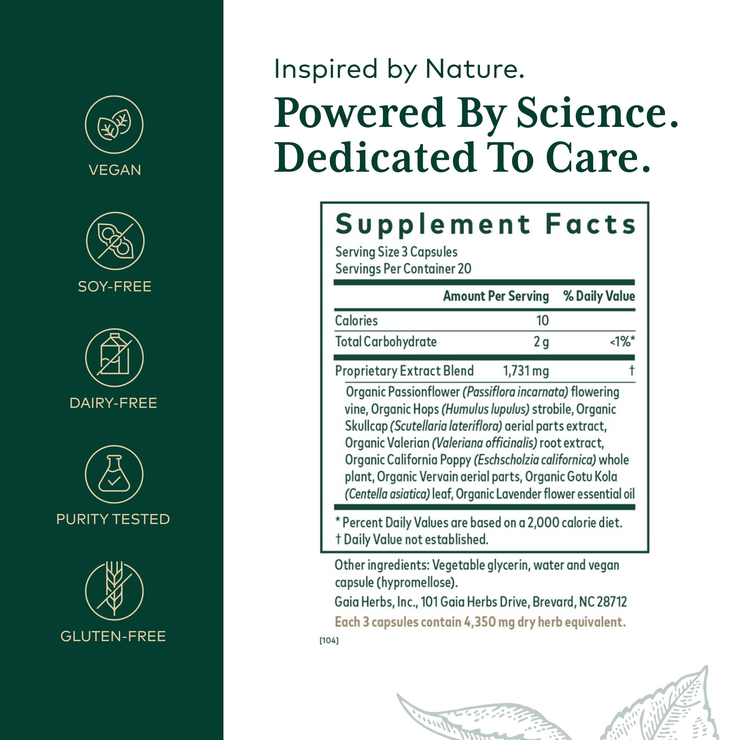 Gaia Herbs PRO Sleep Formula capsules close-up with valerian and passionflower.