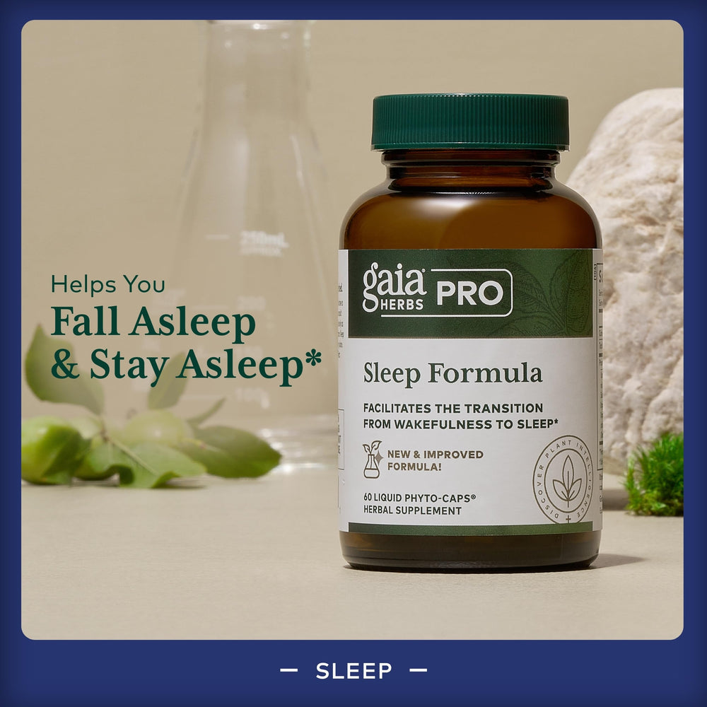 Gaia Herbs PRO Sleep Formula label detail shows organic extracts and potency.