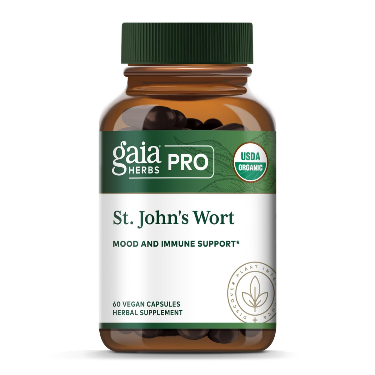 Gaia Herbs Pro St. John's Wort bottle label emphasizing quality for daily balance.