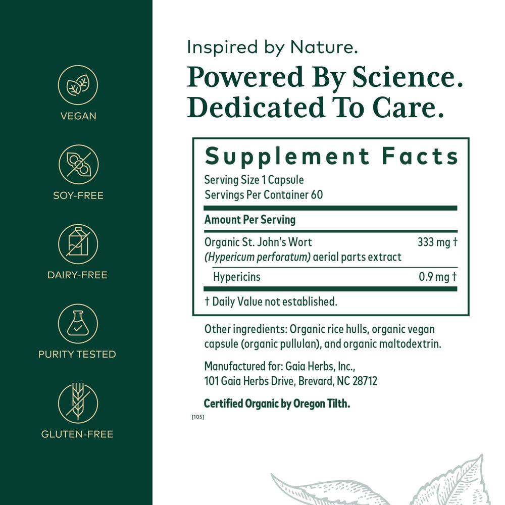 Gaia Herbs Pro St. John's Wort capsules pouring for easy daily use.