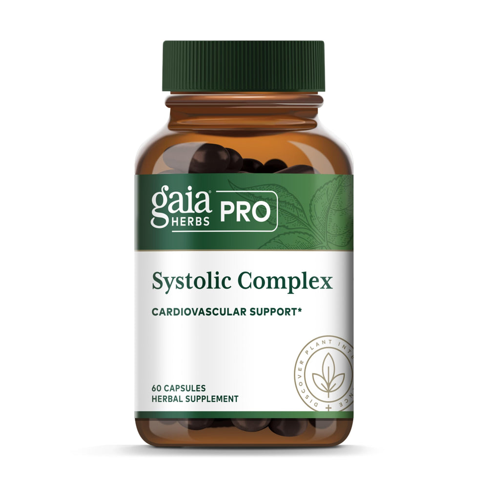 Gaia Herbs PRO Systolic Complex bottle front, highlighting its cardiovascular support formula.