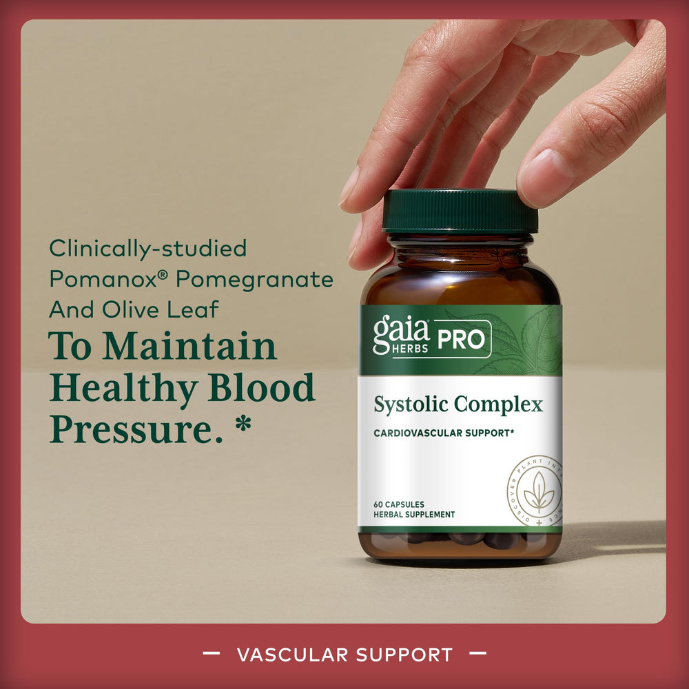Gaia Herbs PRO Systolic Complex label ingredients featuring Pomanox, olive leaf, and hibiscus.