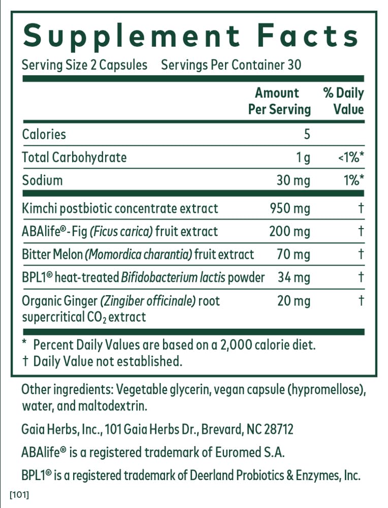 Gaia Herbs PRO Tri-Glycemic capsules closeup highlighting postbiotic and botanicals.