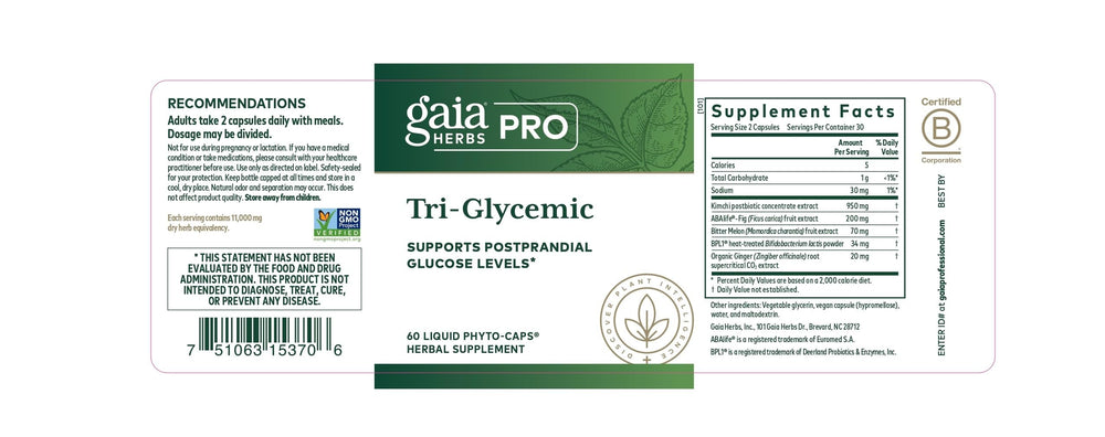 Gaia Herbs PRO Tri-Glycemic packaging to convey trusted metabolic wellness support.