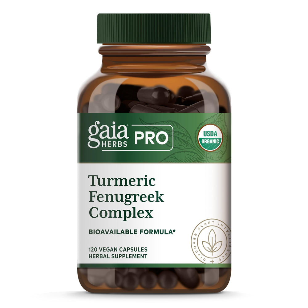 Gaia Herbs PRO Turmeric Fenugreek Complex bottle front for daily wellness support