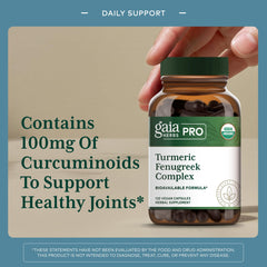 Gaia Herbs PRO Turmeric Fenugreek Complex capsules in hand for daily use