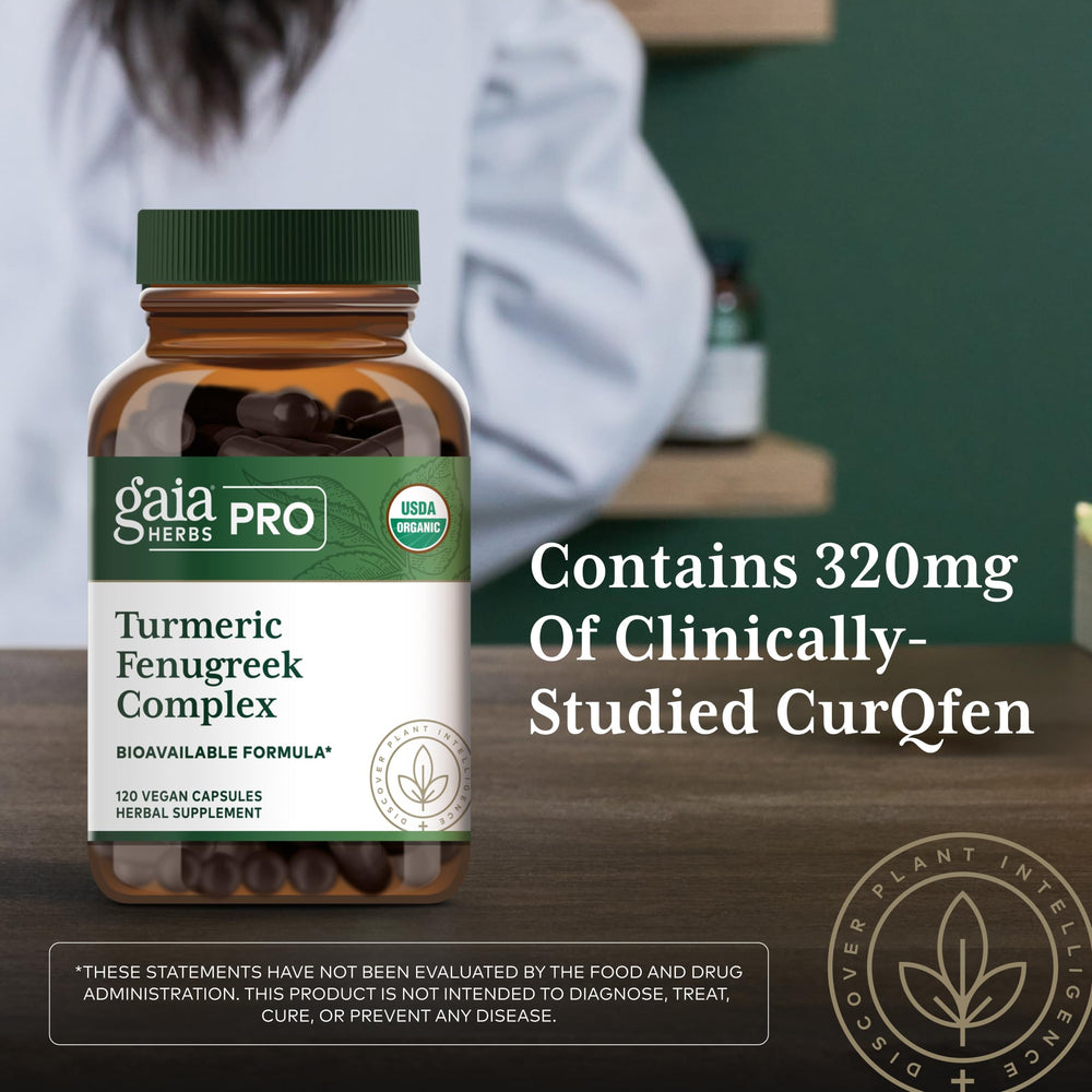 Gaia Herbs PRO Turmeric Fenugreek Complex on kitchen counter for easy daily routine