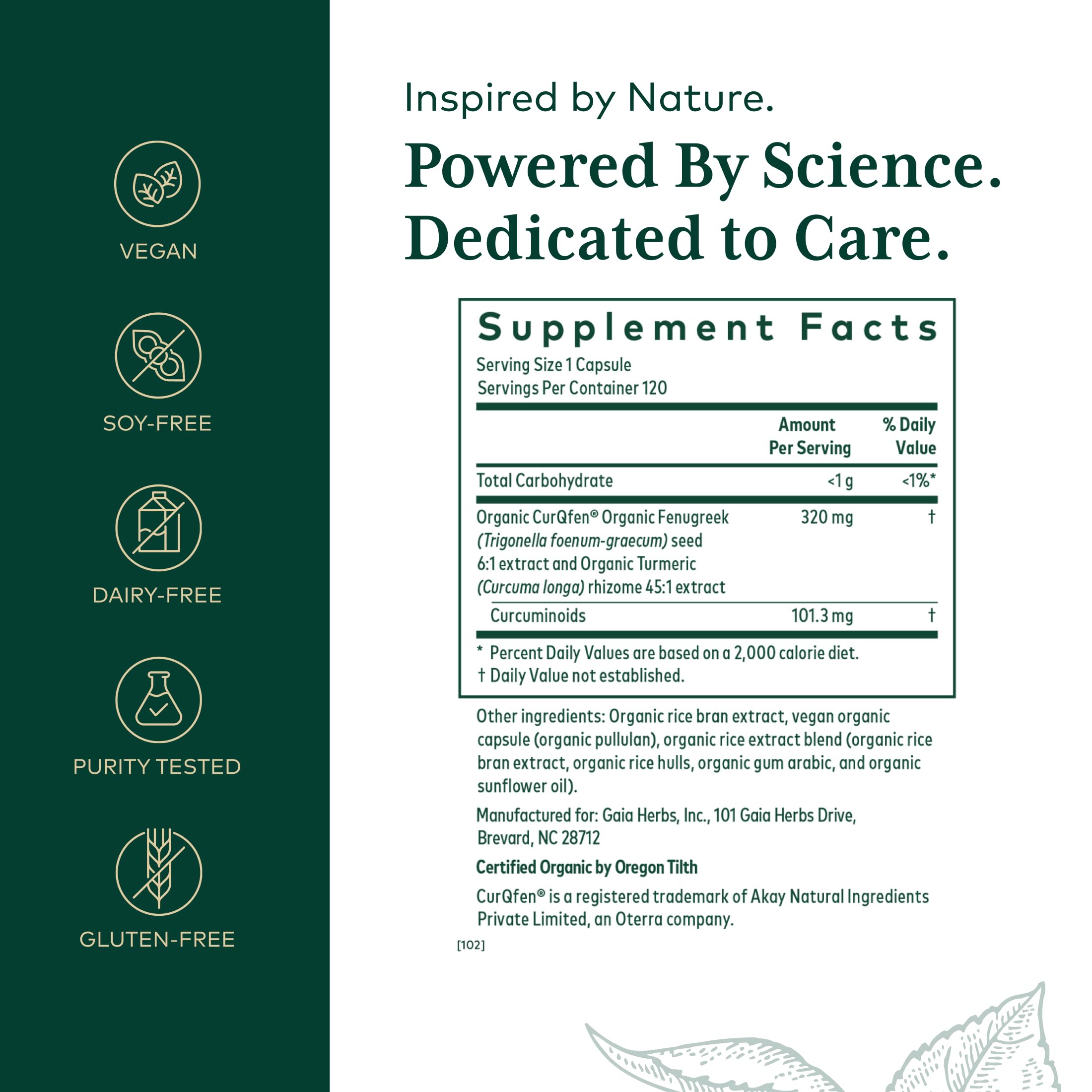 Gaia Herbs PRO Turmeric Fenugreek Complex label detail with turmeric imagery for antioxidant support