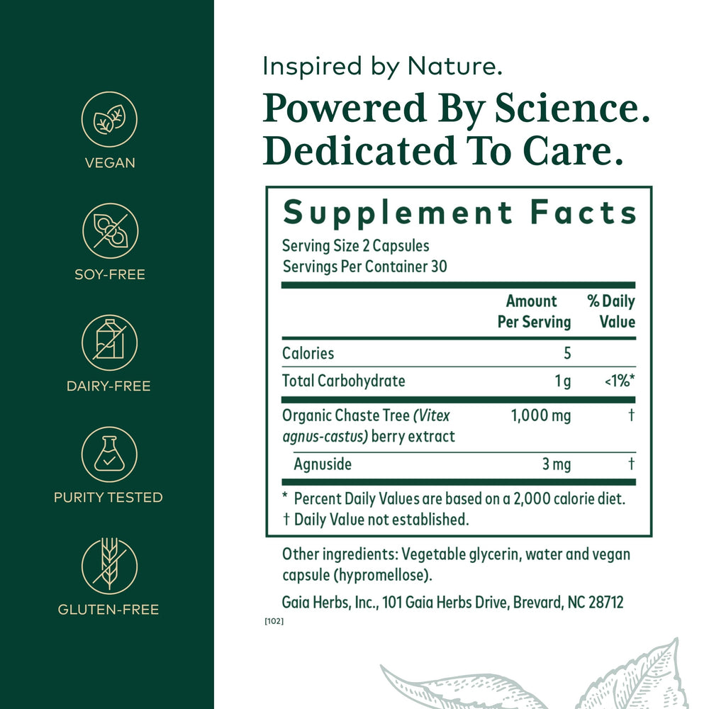 Vitex Pro capsules close-up showing 500 mg chaste tree berry per serving