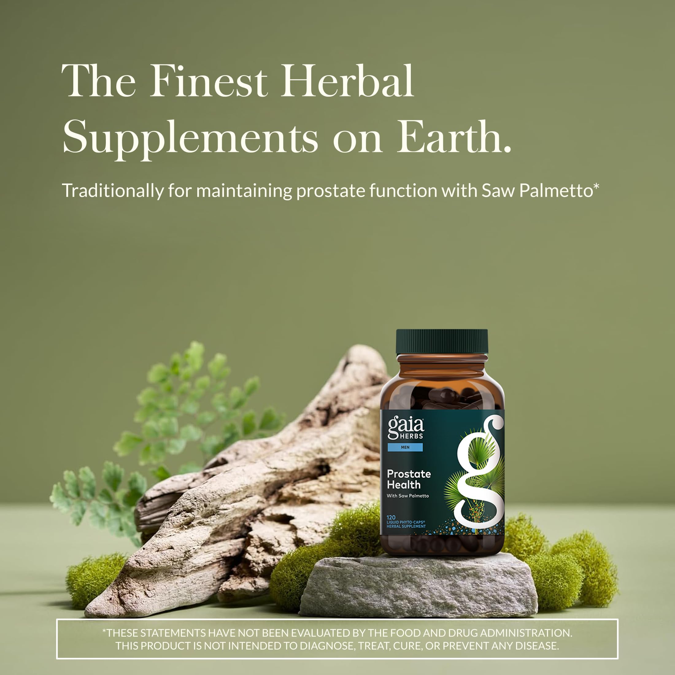 Gaia Herbs Prostate Health capsules close-up, vegan phyto-caps for easy daily intake.