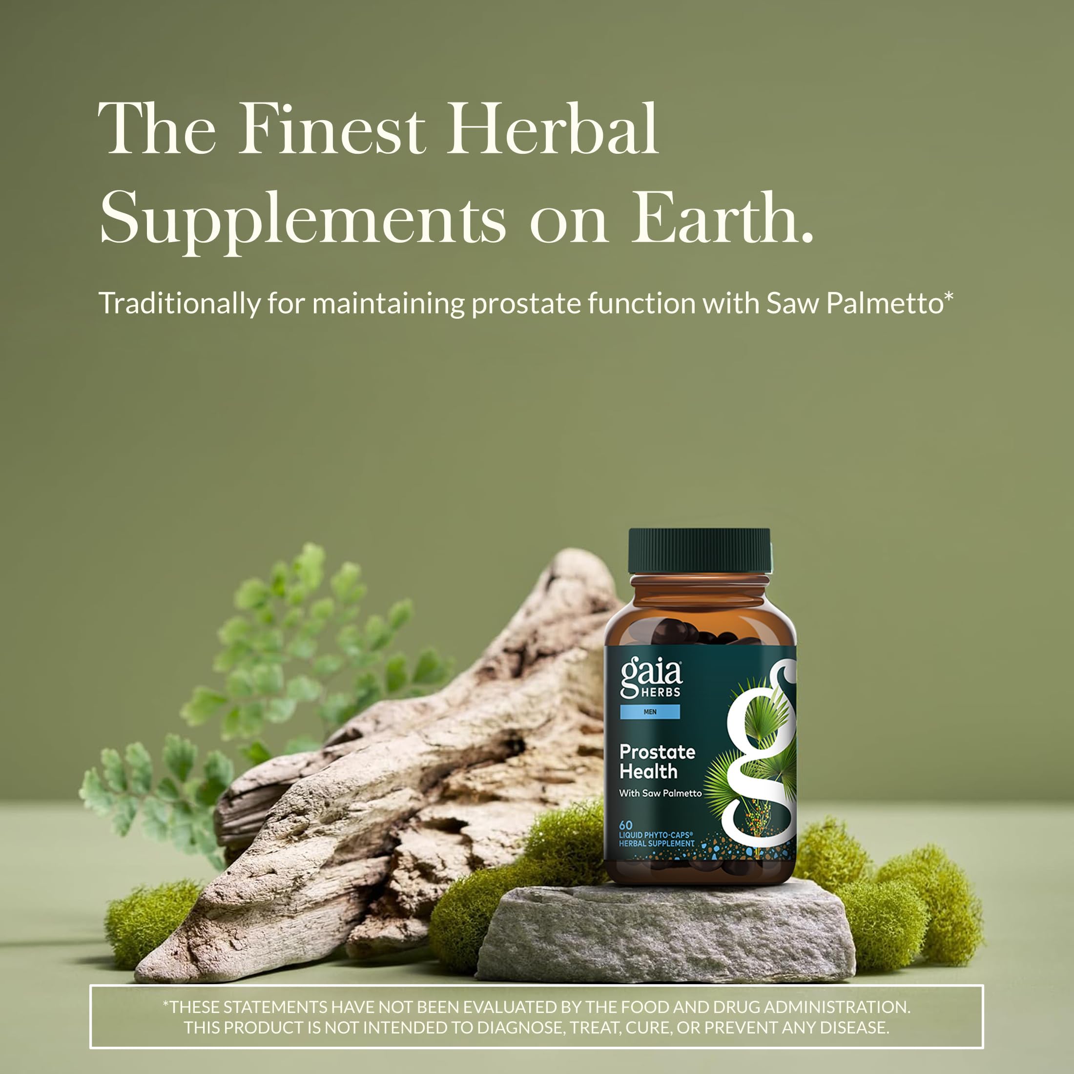 Gaia Herbs Prostate Health ingredient panel highlights saw palmetto and green tea