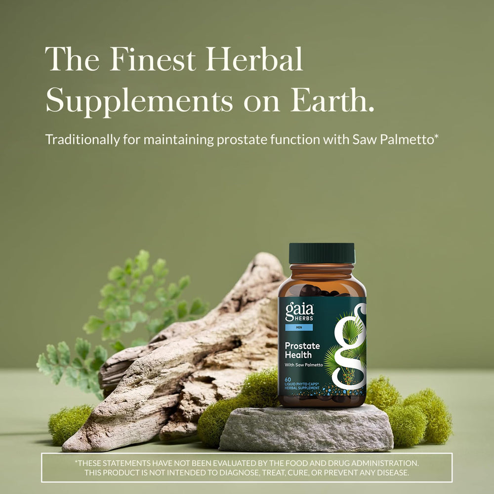 Gaia Herbs Prostate Health ingredient panel highlights saw palmetto and green tea