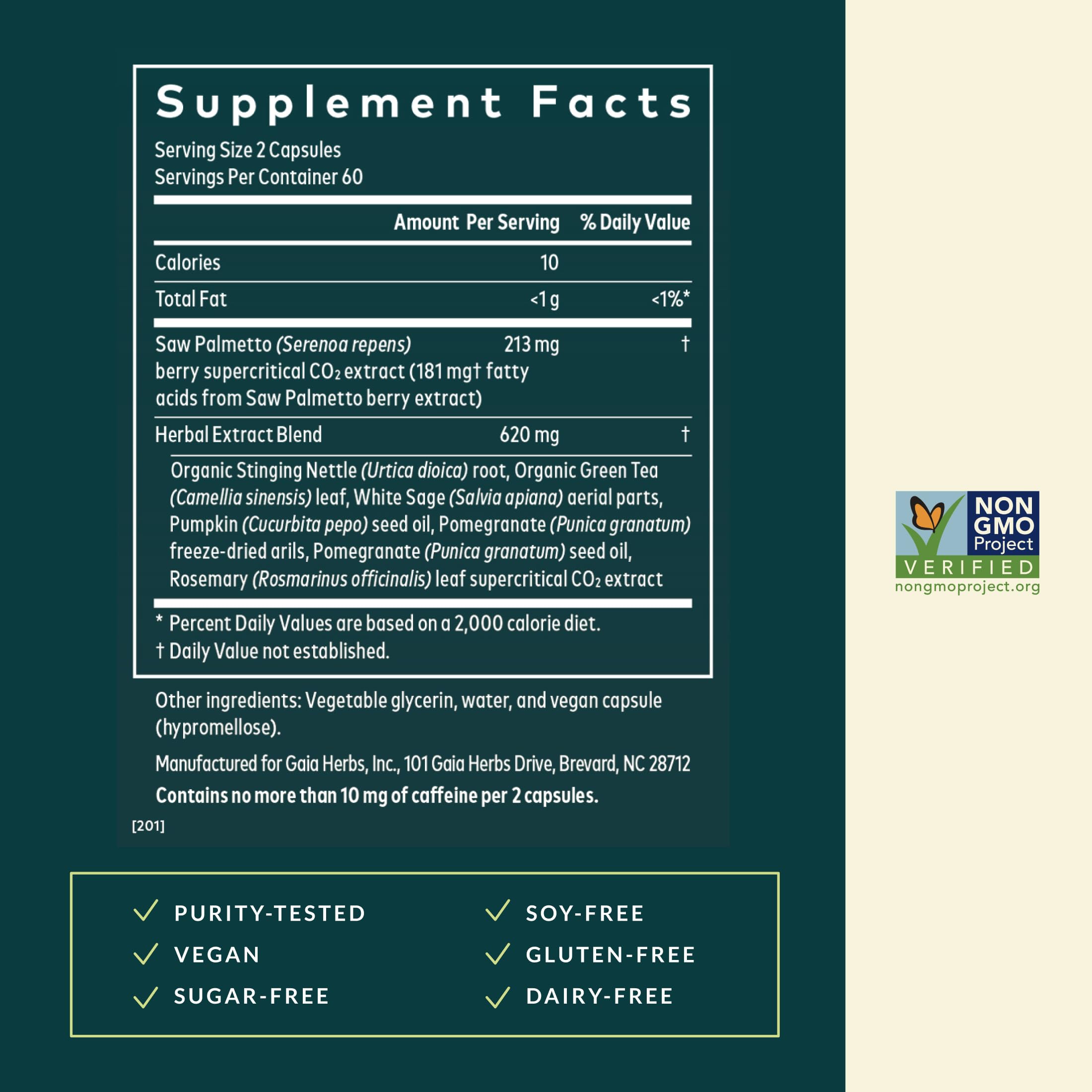 Gaia Herbs Prostate Health label and packaging reflect quality sourcing.