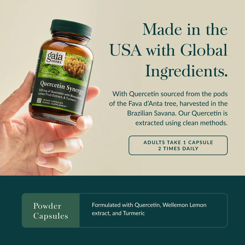 Ingredient list highlighting plant-powered quercetin and turmeric blend.