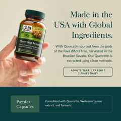 Ingredient list highlighting plant-powered quercetin and turmeric blend.