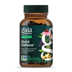 Gaia Herbs Quick Defense bottle front with capsules for daily immune support