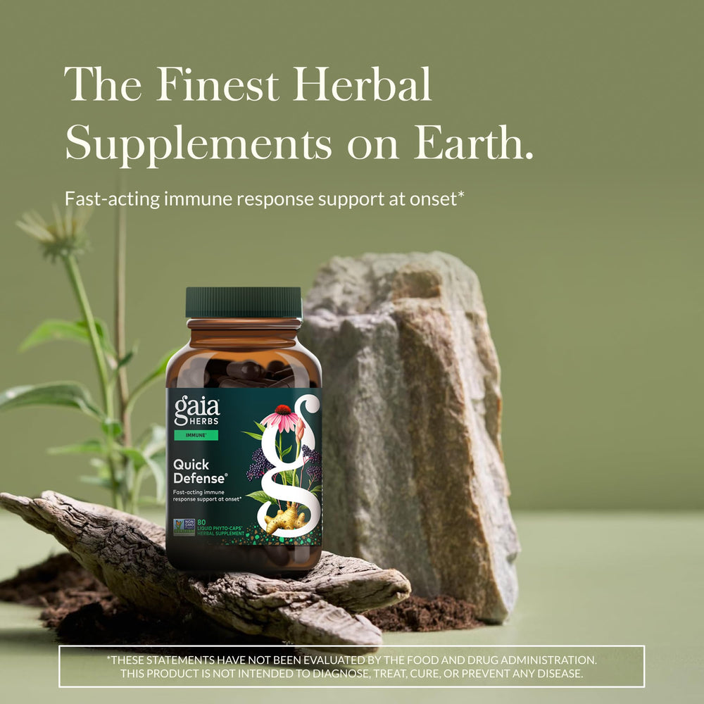 Gaia Herbs Quick Defense label closeup highlights premium echinacea and elderberry ingredients