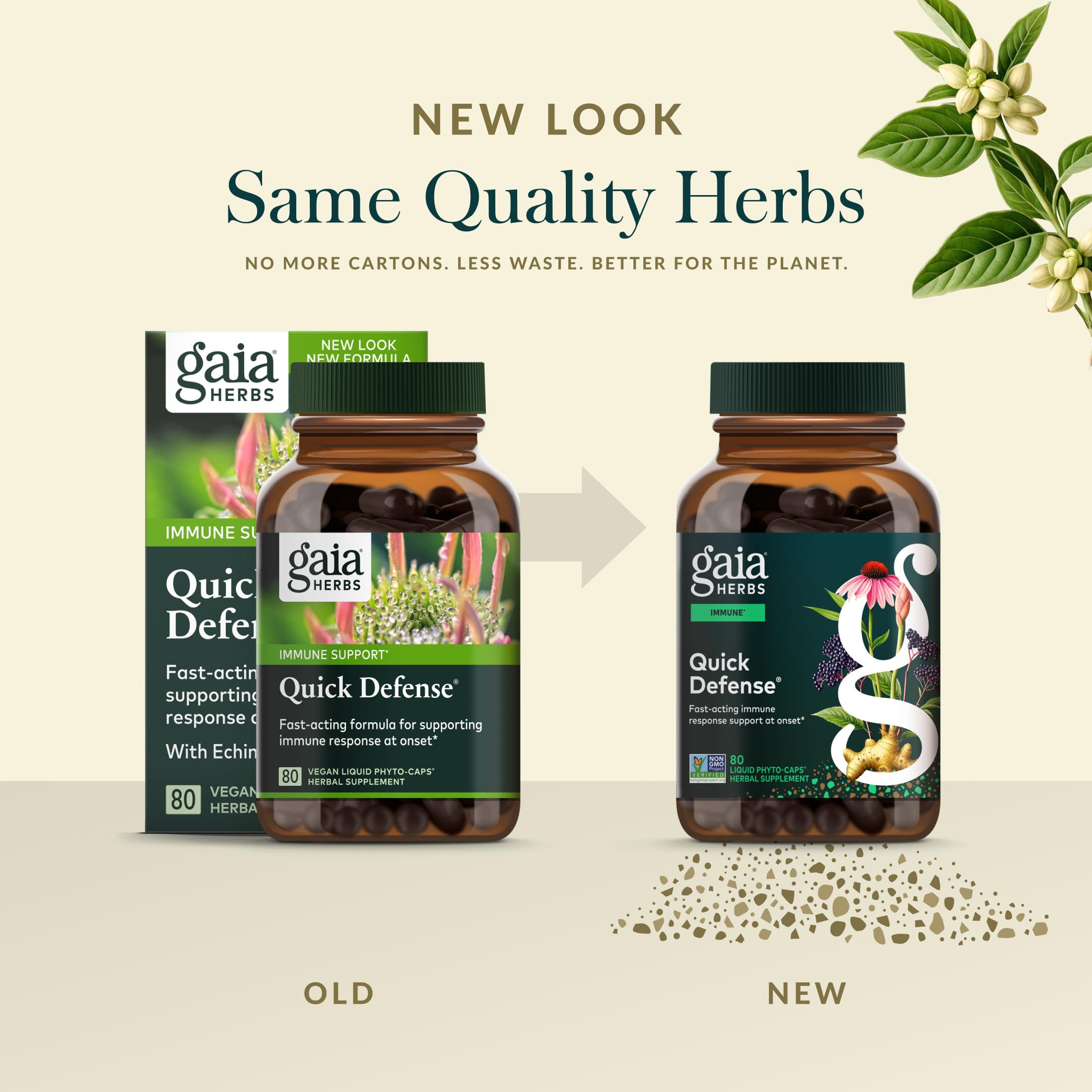 Gaia Herbs Quick Defense ingredients feature organic elderberry with a warming, aromatic profile