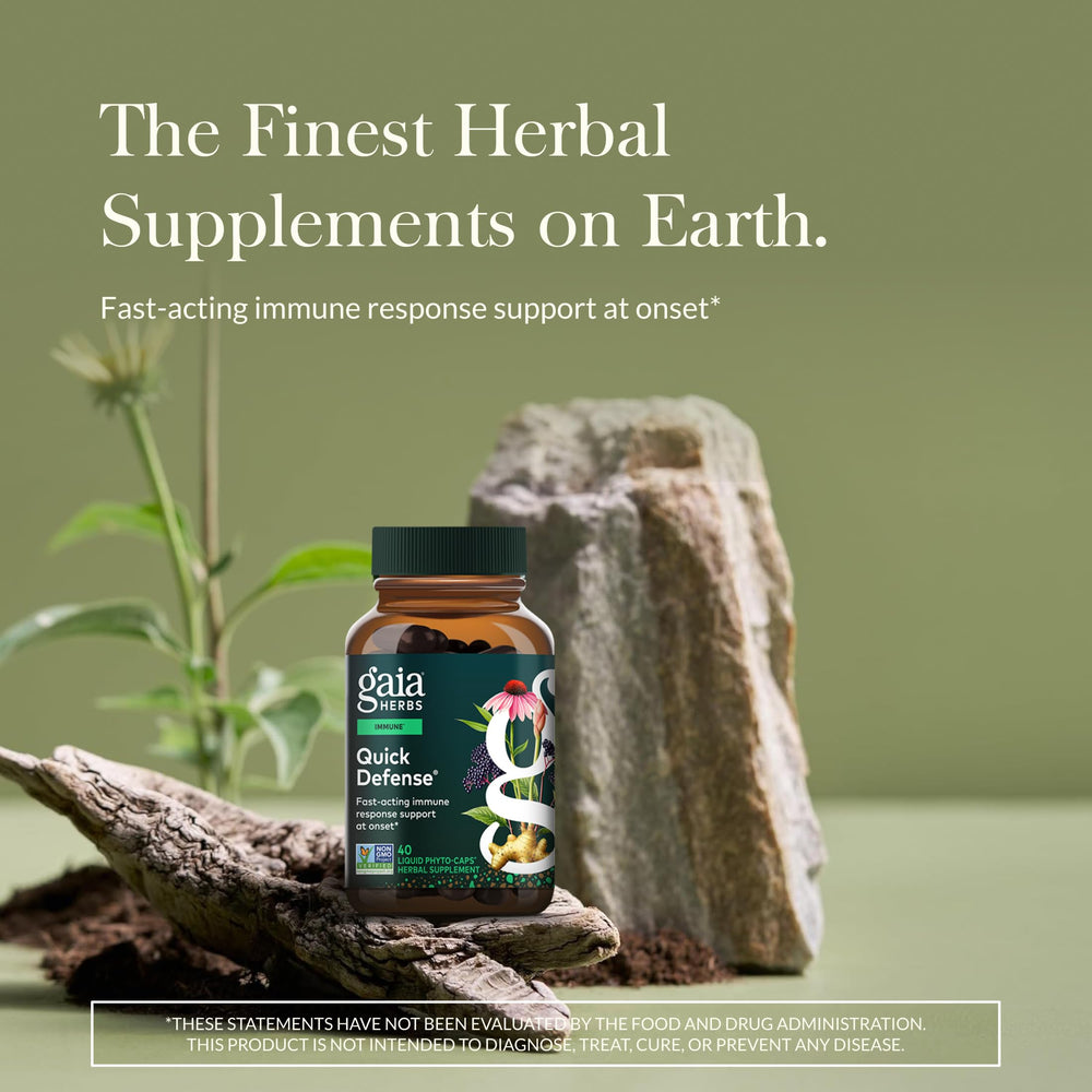 Gaia Herbs Quick Defense label close-up showing ingredients and dosage