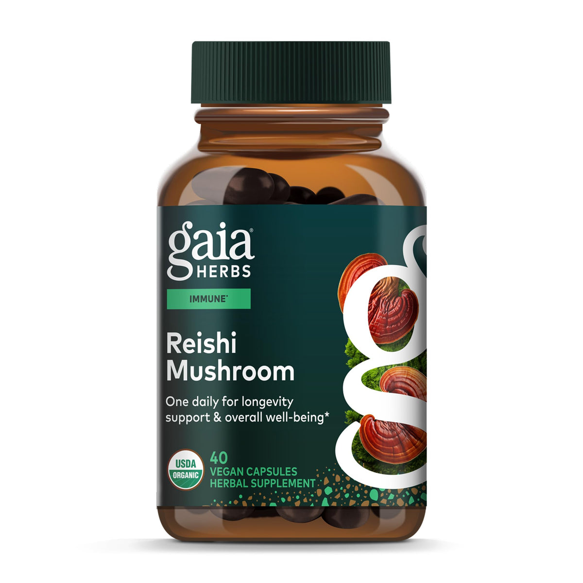 Gaia Herbs Reishi bottle highlights immune support potential.