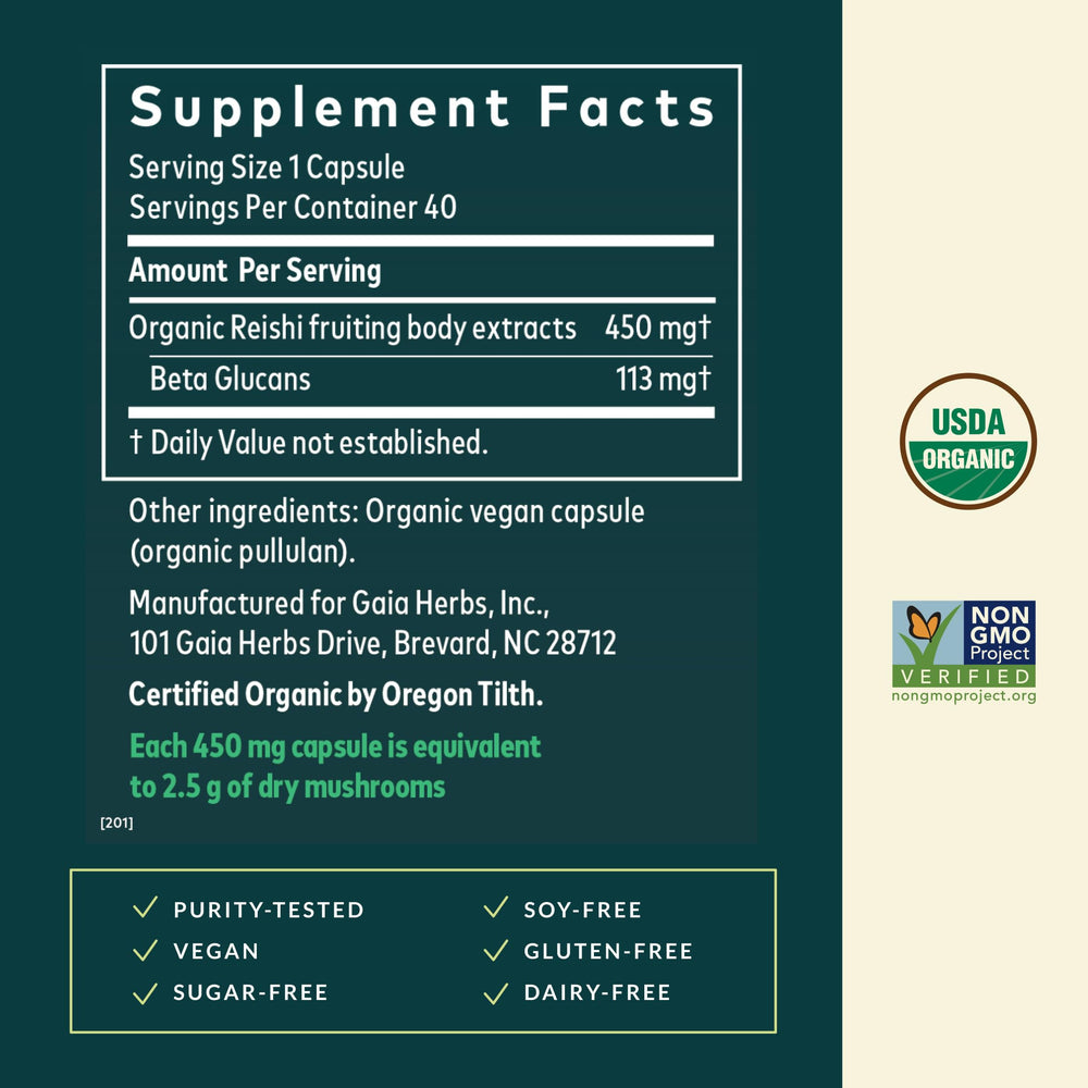 Gaia Herbs Reishi capsules ready for daily adaptogen use.