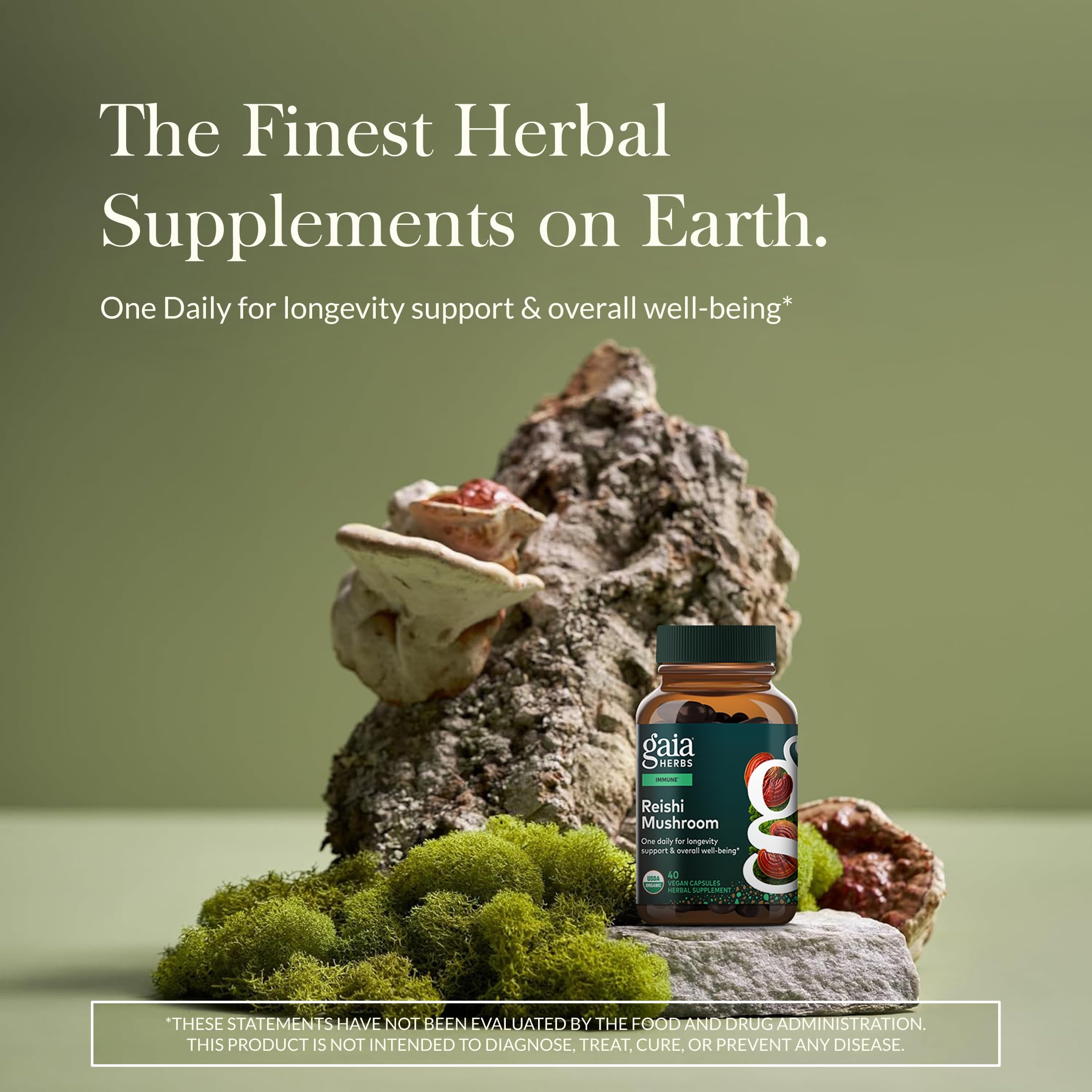 Gaia Herbs Reishi label close-up emphasizes quality sourcing.