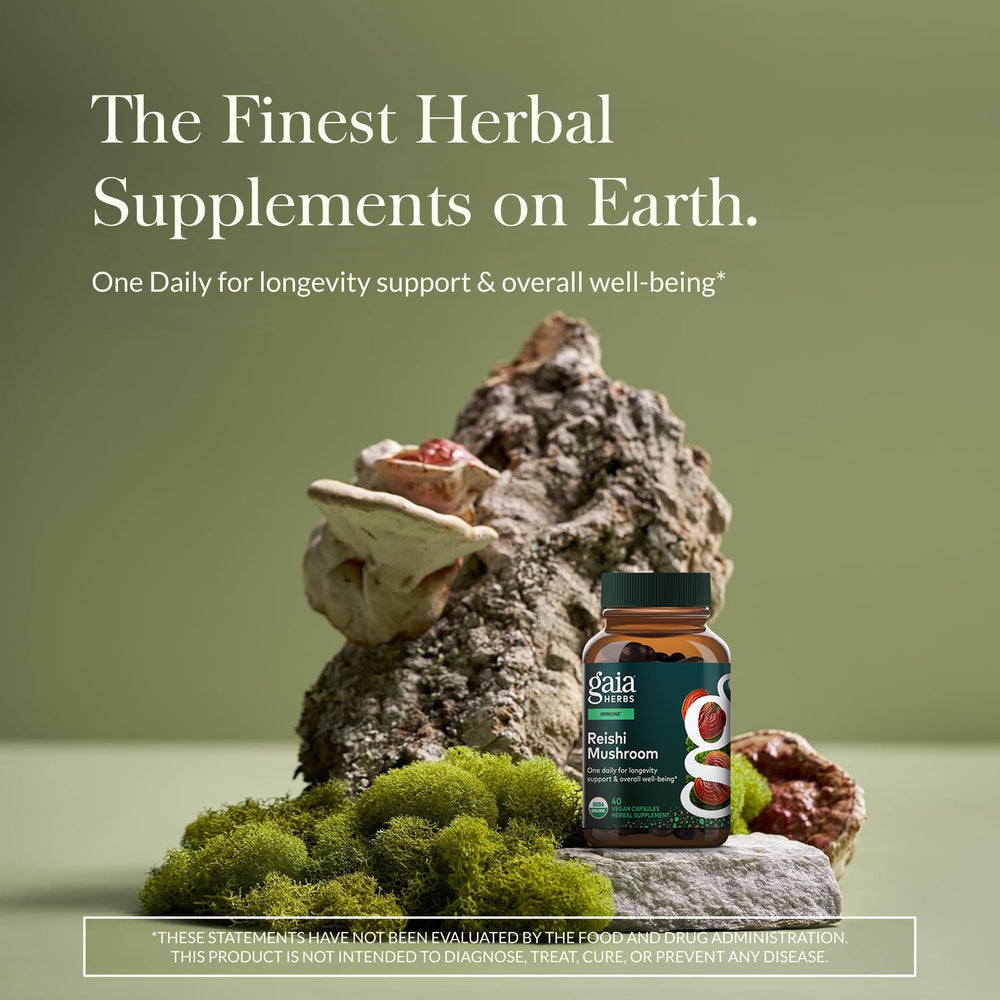 Gaia Herbs Reishi label close-up emphasizes quality sourcing.